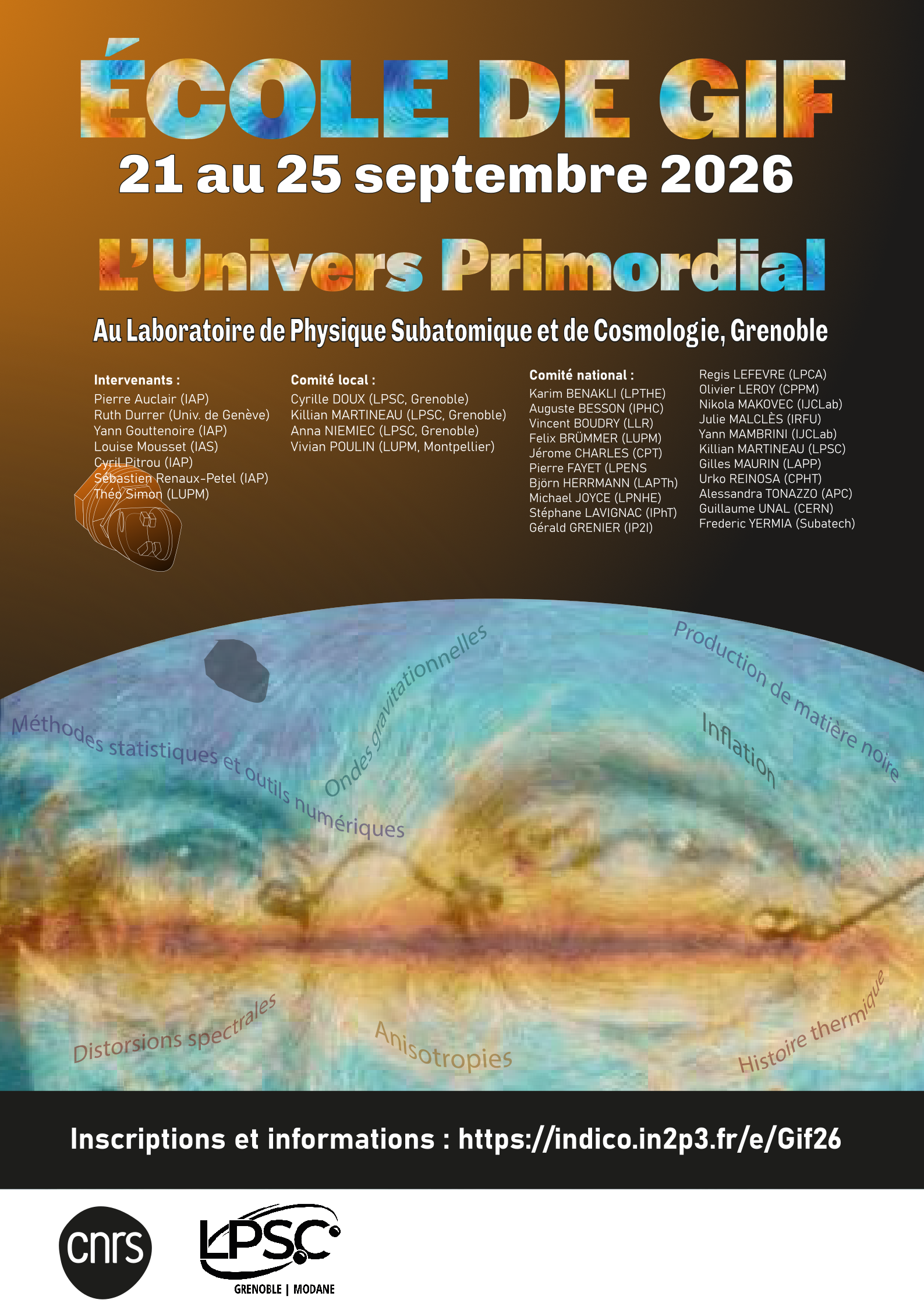 Poster de l'Ecole, pr�sentant
                                    le fond cosmique polaris�, avec les
                                    th�mes abord�s suivant des filements
                                    le lond des lignes de polarisation.
                                    Les yeux de Planck (le physicien)
                                    sont en filifgrane.